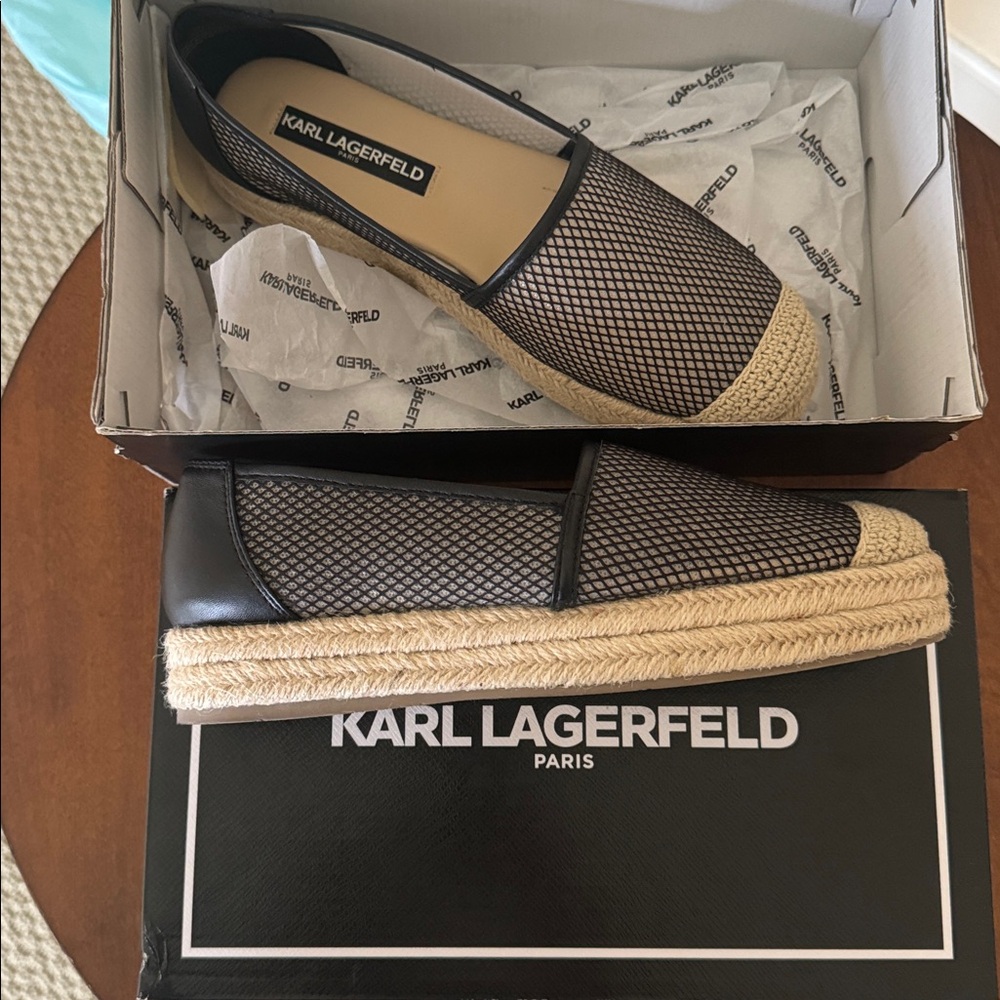 Karl Lagerfeld ADILA Black Nappa Shoes espadrilles mesh EUC 38.5